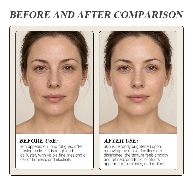 Side-by-side comparison of a woman's face before and after using a skincare product, showing visible improvement in skin texture and brightness.